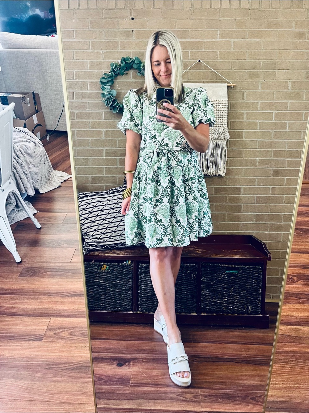 BiBi White and Green Floral Short Dress with Tie Waist